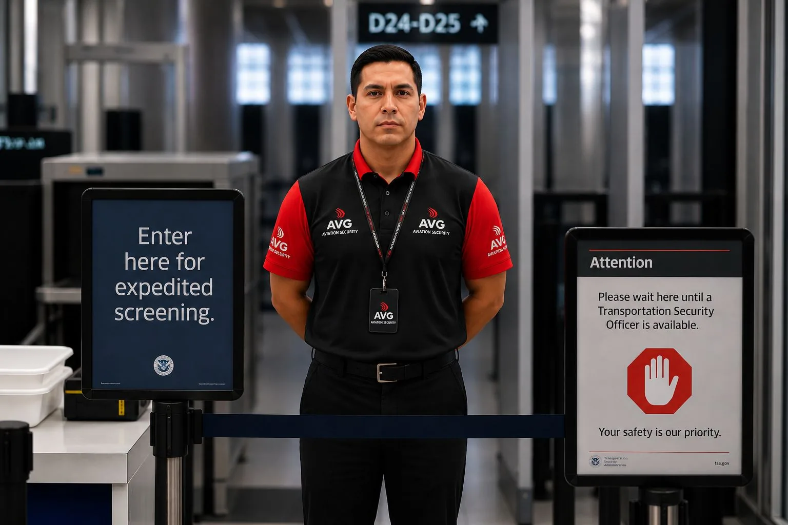 Oficial de AVG Aviation Security en un punto de control de seguridad aeroportuaria