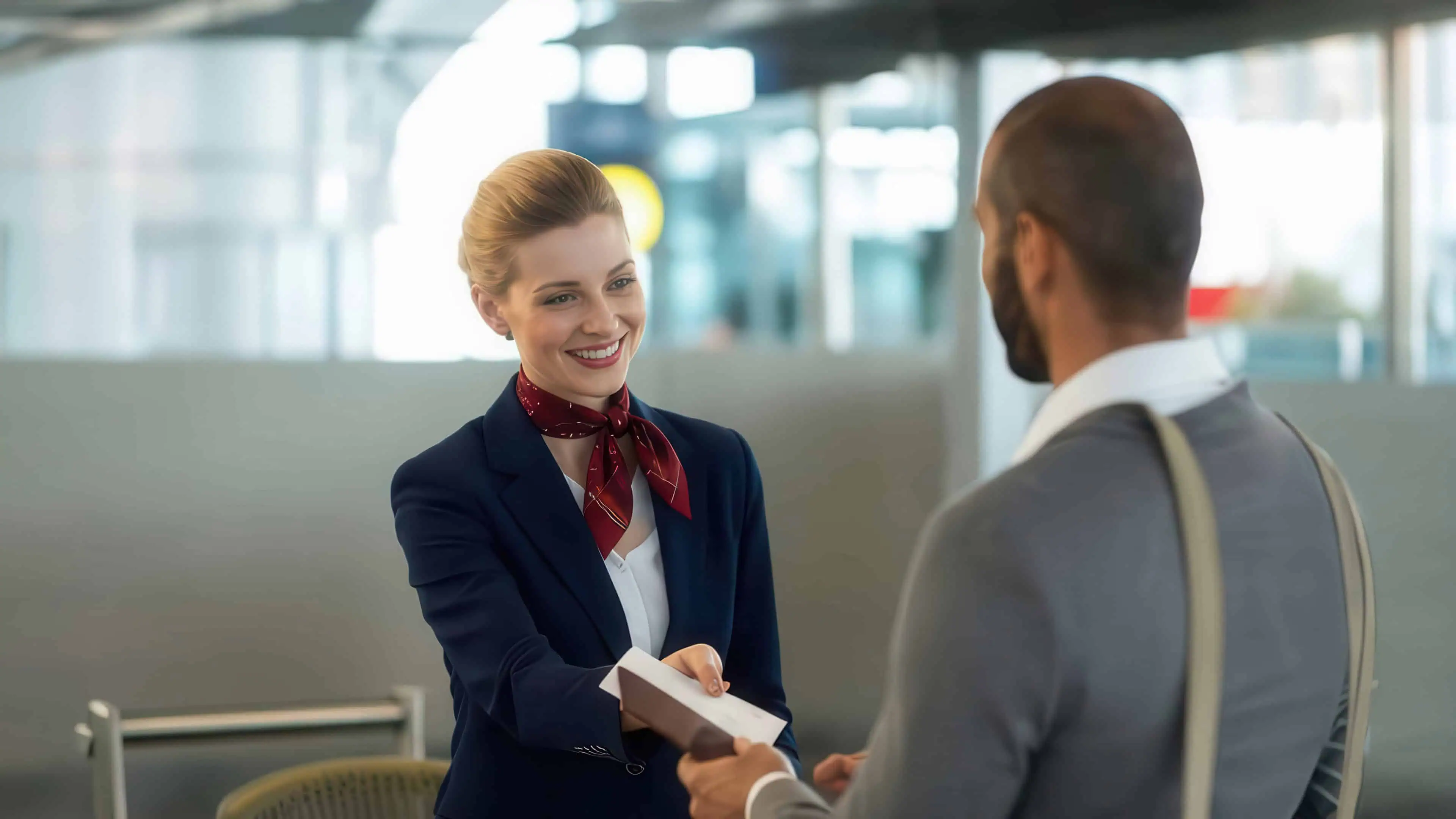 Passenger service agent handing a boarding pass to a traveler at the airport terminal